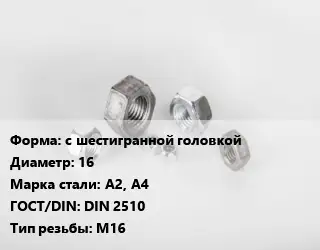 Гайка с шестигранной головкой D=16 Сталь: А2, А4 DIN 2510 М16